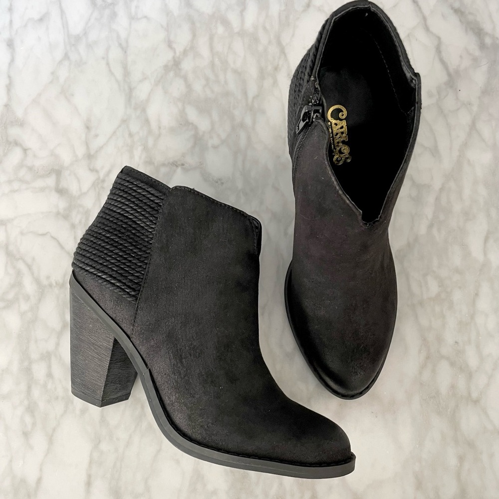 NEW Carlos Santana Everett Black Suede Ankle Boots with Block Heel, Size 6.5